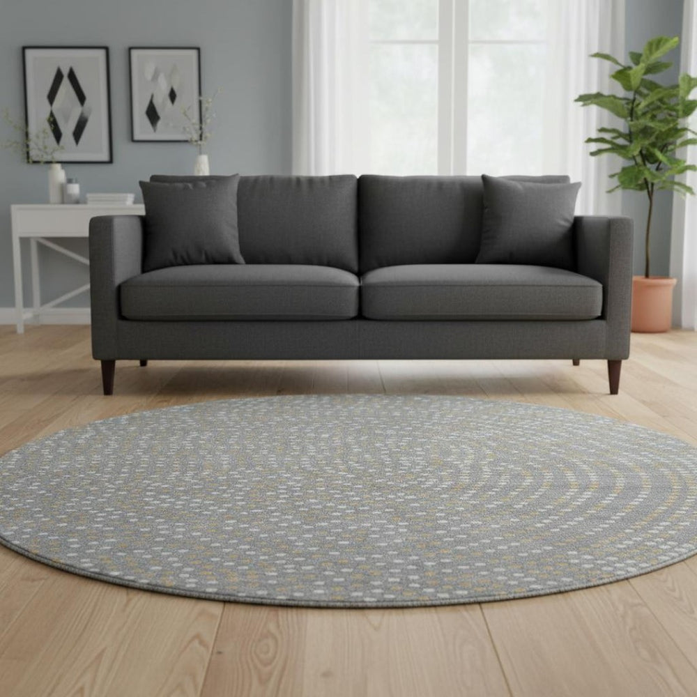 HomeRoots 8' Stylish Gray Ivory Gold Polka Dot Round Rug – Washable, UV-Protected, Perfect for Family Spaces! 680166