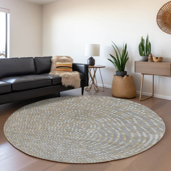 HomeRoots 8' Stylish Gray Ivory Gold Polka Dot Round Rug – Washable, UV-Protected, Perfect for Family Spaces! 680166