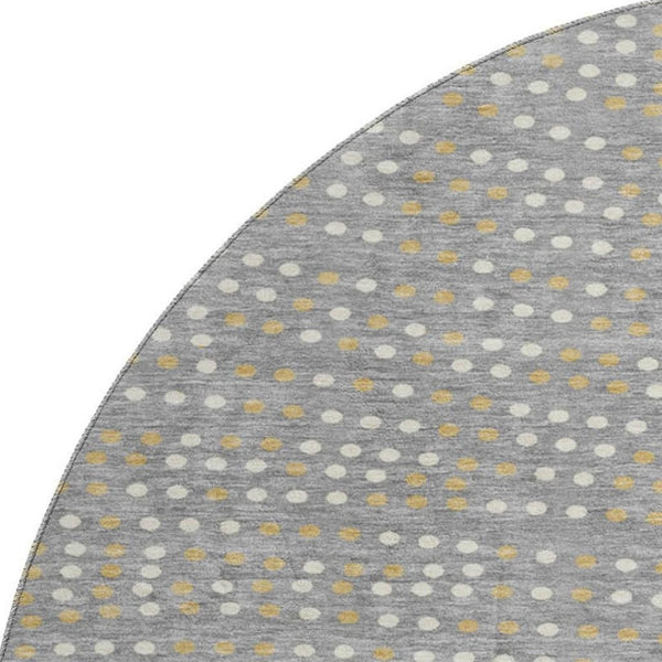 HomeRoots 8' Stylish Gray Ivory Gold Polka Dot Round Rug – Washable, UV-Protected, Perfect for Family Spaces! 680166