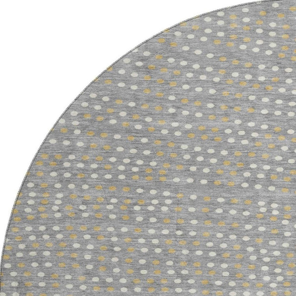 HomeRoots 8' Stylish Gray Ivory Gold Polka Dot Round Rug – Washable, UV-Protected, Perfect for Family Spaces! 680166