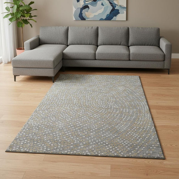 HomeRoots 8' X 10' Stylish Washable Area Rug in Gray, Ivory & Gold Polka Dots - Durable, UV Protected Design! 680167