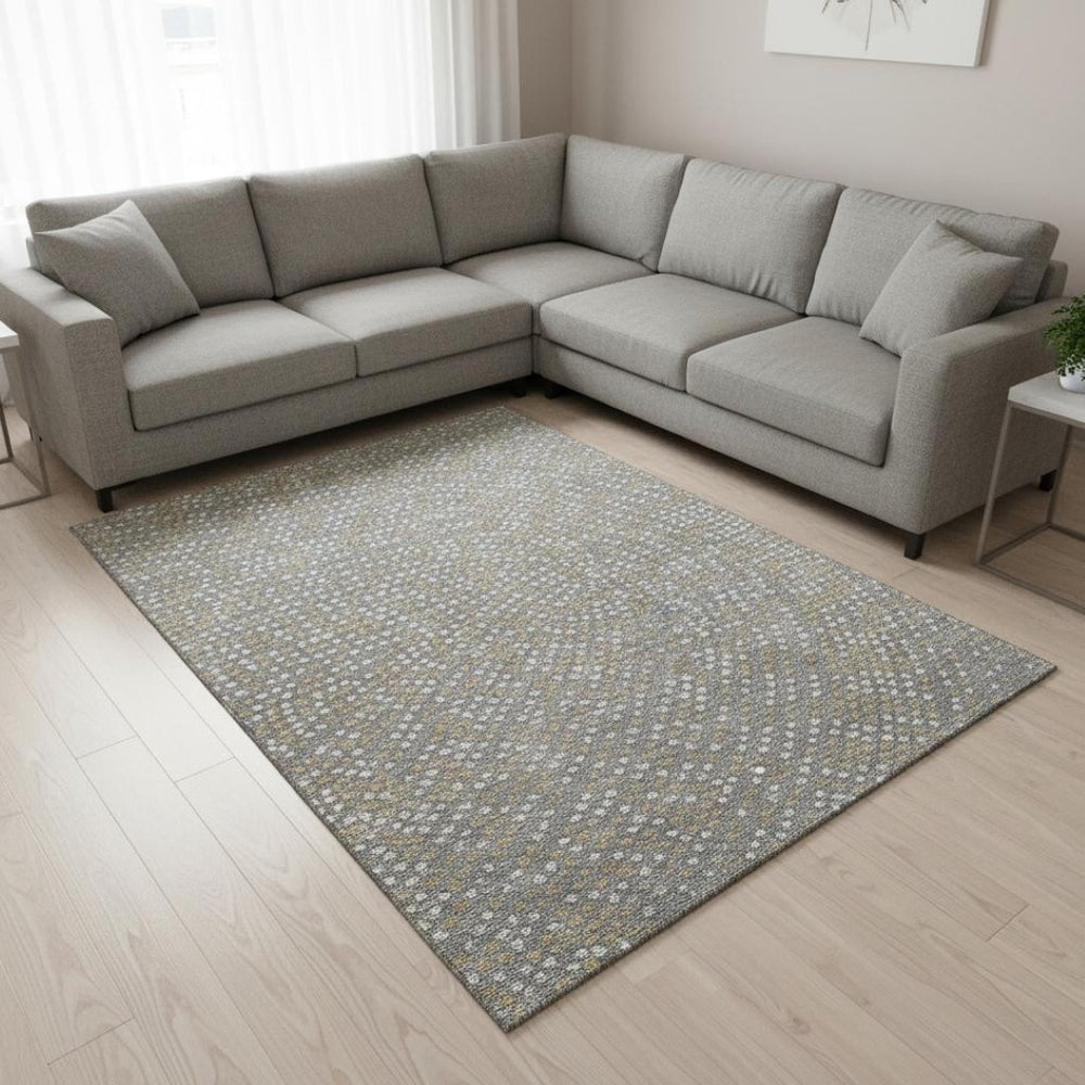 HomeRoots 9' X 12' Gray Ivory Gold Polka Dot Washable Area Rug—Stylish, Durable, Stain-Resistant, UV Protected! 680168