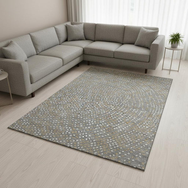 HomeRoots 10' Gray Ivory and Gold Polka Dot Washable Area Rug - Soft, Stain-Resistant, UV Protected for Homes 680169