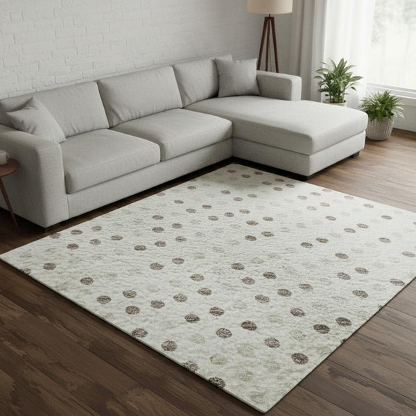 HomeRoots 9' X 12' Washable Area Rug in Ivory, Beige & Taupe Polka Dot - Durable, Stain-Resistant & UV Protected 680174