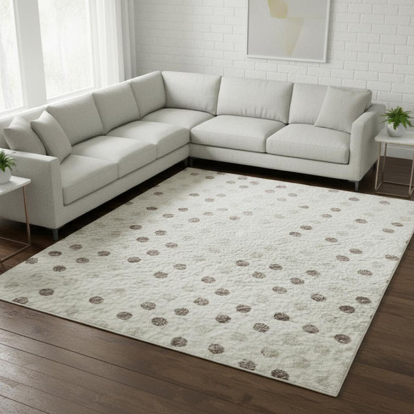 HomeRoots 10' X 14' Washable Ivory Beige Taupe Polka Dot Area Rug - Durable, Stain Resistant, UV Protected! 680175