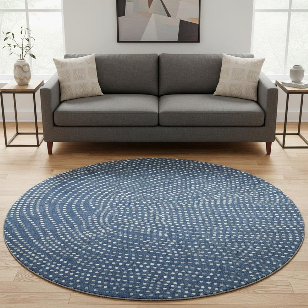 HomeRoots 8' Navy Blue Polka Dot Round Rug with Ivory & Gray Accents - Washable, UV-Protected & Stylish 680178