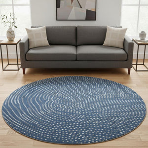 HomeRoots 8' Navy Blue Polka Dot Round Rug with Ivory & Gray Accents - Washable, UV-Protected & Stylish 680178