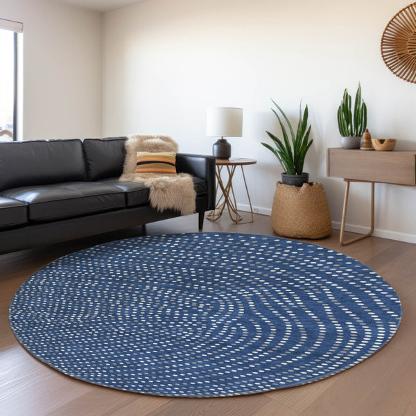 HomeRoots 8' Navy Blue Polka Dot Round Rug with Ivory & Gray Accents - Washable, UV-Protected & Stylish 680178