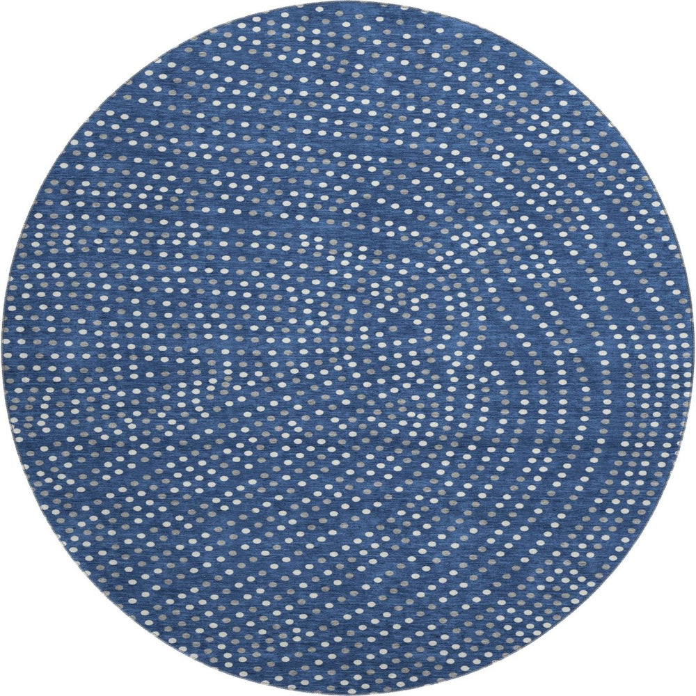 HomeRoots 8' Navy Blue Polka Dot Round Rug with Ivory & Gray Accents - Washable, UV-Protected & Stylish 680178