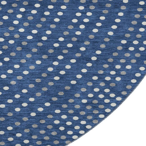 HomeRoots 8' Navy Blue Polka Dot Round Rug with Ivory & Gray Accents - Washable, UV-Protected & Stylish 680178