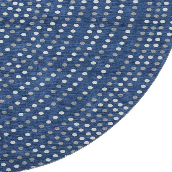 HomeRoots 8' Navy Blue Polka Dot Round Rug with Ivory & Gray Accents - Washable, UV-Protected & Stylish 680178