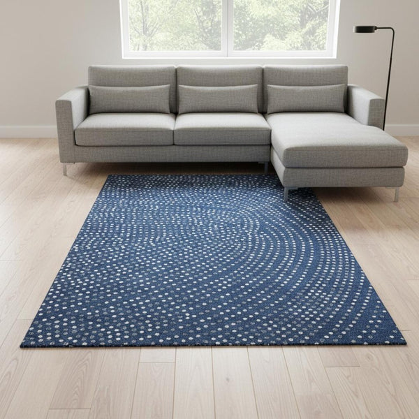 HomeRoots 8' X 10' Playful Navy Blue, Ivory & Gray Polka Dot Washable Area Rug with UV Protection & Durability 680179