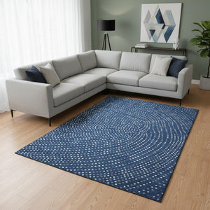HomeRoots 10' X 14' Navy Blue Polka Dot Washable Area Rug - Stain-Resistant, UV Protected for Family Spaces 680181