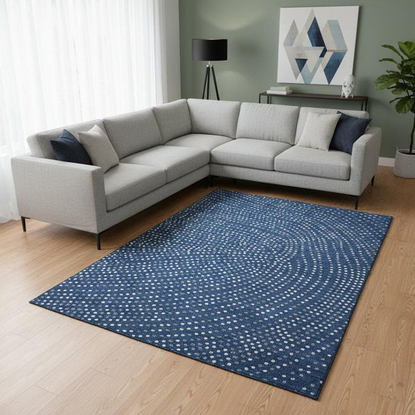 HomeRoots 10' X 14' Navy Blue Polka Dot Washable Area Rug - Stain-Resistant, UV Protected for Family Spaces 680181