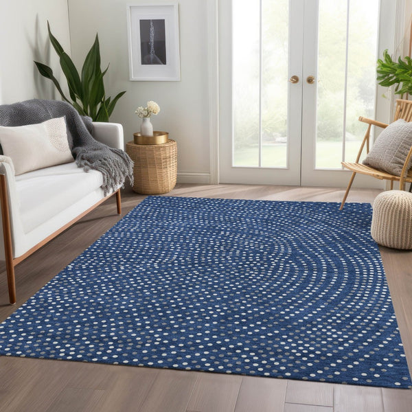 HomeRoots 10' X 14' Navy Blue Polka Dot Washable Area Rug - Stain-Resistant, UV Protected for Family Spaces 680181