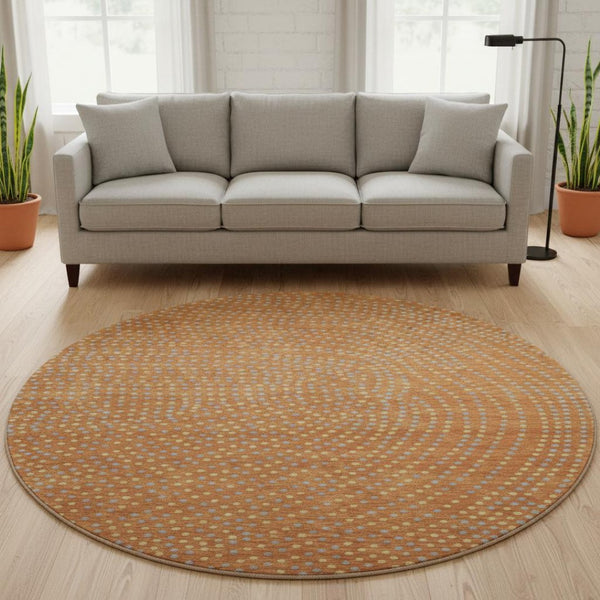 HomeRoots 8' Washable Round Rug in Rust Copper & Gray Polka Dots - UV-Protected, Durable & Stylish Décor Piece 680190