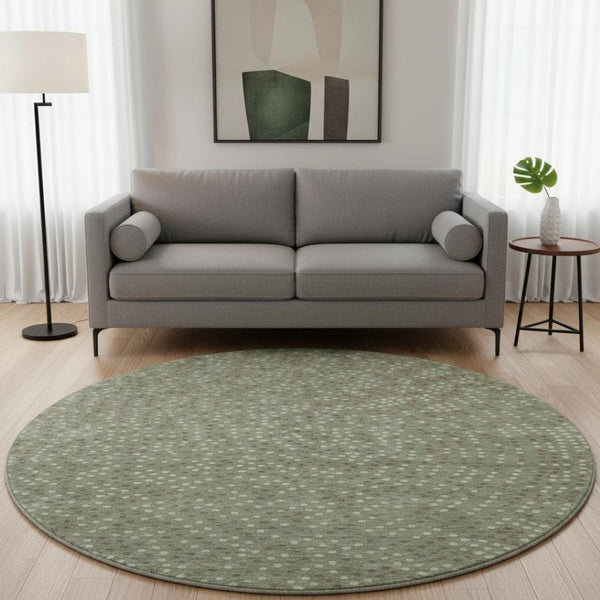 HomeRoots 8' Modern Sage, Ivory & Taupe Polka Dot Washable Round Rug with UV Protection for Easy Living 680196