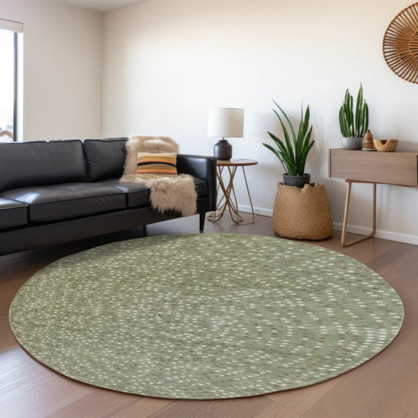 HomeRoots 8' Modern Sage, Ivory & Taupe Polka Dot Washable Round Rug with UV Protection for Easy Living 680196