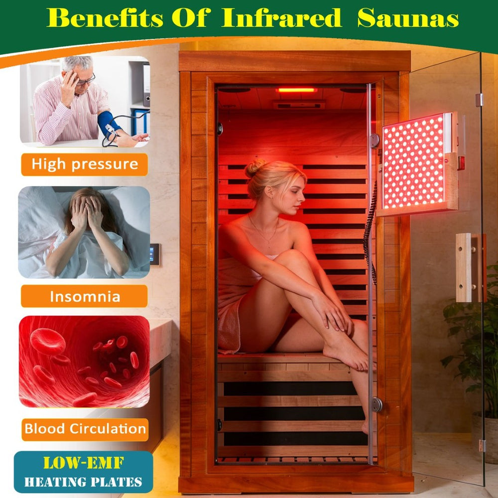 English Elm Far Infrared Sauna with Red Light Therapy Okoume Wood Cabin for Home Wellness W3973S00013