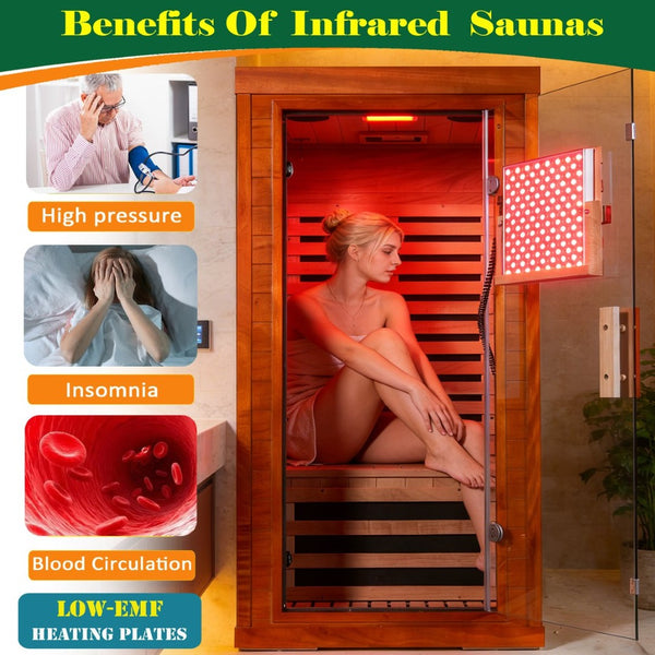 English Elm Far Infrared Sauna with Red Light Therapy Okoume Wood Cabin for Home Wellness W3973S00013