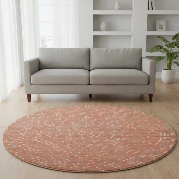 HomeRoots 8' Salmon Polka Dot Round Rug - Washable, UV-Protected, Non-Slip Design for Modern Living Spaces 680202