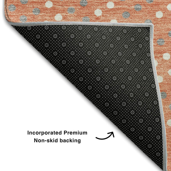 HomeRoots 8' Salmon Polka Dot Round Rug - Washable, UV-Protected, Non-Slip Design for Modern Living Spaces 680202