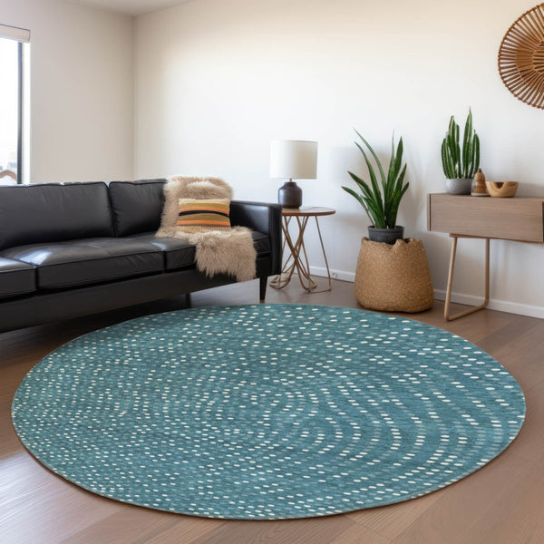 HomeRoots 8' Teal and Ivory Polka Dot Washable Round Rug - Durable, UV-Protected, Kid & Pet-Friendly Decor 680208