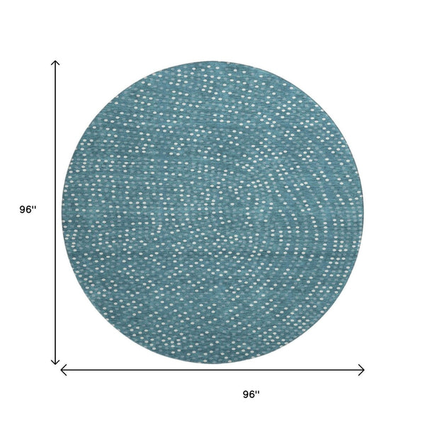 HomeRoots 8' Teal and Ivory Polka Dot Washable Round Rug - Durable, UV-Protected, Kid & Pet-Friendly Decor 680208