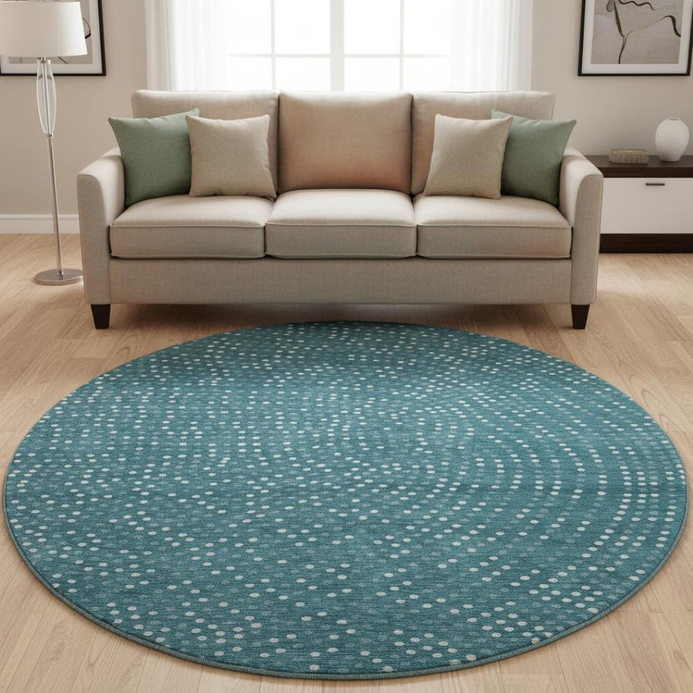 HomeRoots 8' Teal and Ivory Polka Dot Washable Round Rug - Durable, UV-Protected, Kid & Pet-Friendly Decor 680208