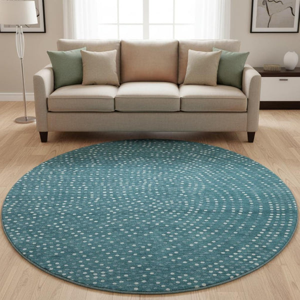 HomeRoots 8' Teal and Ivory Polka Dot Washable Round Rug - Durable, UV-Protected, Kid & Pet-Friendly Decor 680208