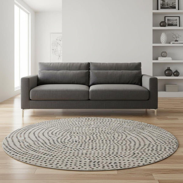 HomeRoots 8' Stylish Taupe & Brown Polka Dot Washable Round Rug – UV Protected, Durable & Easy-Care Design! 680214