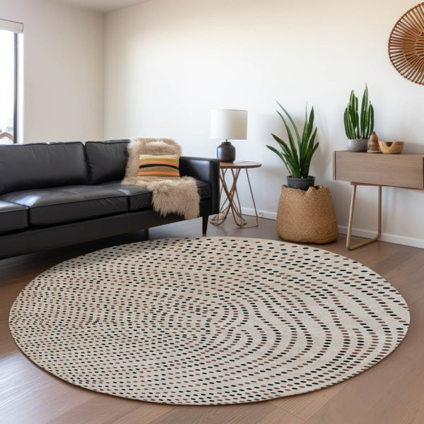 HomeRoots 8' Stylish Taupe & Brown Polka Dot Washable Round Rug – UV Protected, Durable & Easy-Care Design! 680214