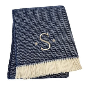 HomeRoots 55" Navy Blue White Herringbone Cotton Blend Throw Blanket with Personalized Embroidery & Tassels S 680218