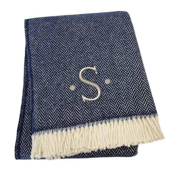 HomeRoots 55" Navy Blue White Herringbone Cotton Blend Throw Blanket with Personalized Embroidery & Tassels S 680218