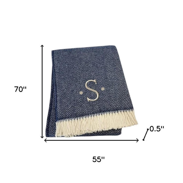 HomeRoots 55" Navy Blue White Herringbone Cotton Blend Throw Blanket with Personalized Embroidery & Tassels S 680218