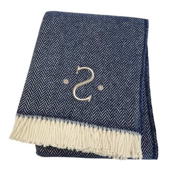 HomeRoots 55" Navy Blue White Herringbone Cotton Blend Throw Blanket with Personalized Embroidery & Tassels S 680218