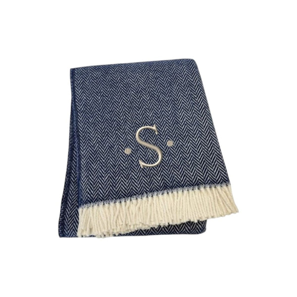 HomeRoots 55" Navy Blue White Herringbone Cotton Blend Throw Blanket with Personalized Embroidery & Tassels S 680218