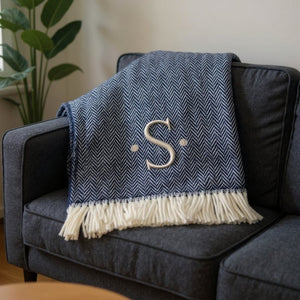 HomeRoots 55" Navy Blue White Herringbone Cotton Blend Throw Blanket with Personalized Embroidery & Tassels S 680218