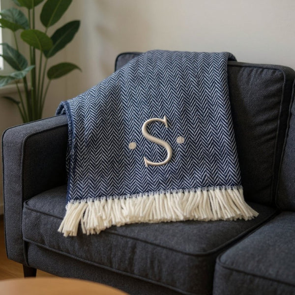 HomeRoots 55" Navy Blue White Herringbone Cotton Blend Throw Blanket with Personalized Embroidery & Tassels S 680218