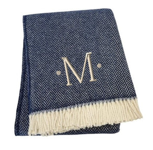 HomeRoots 55" Navy Blue White Herringbone Cotton Blend Throw Blanket with Personalized Embroidery & Tassels M 680219