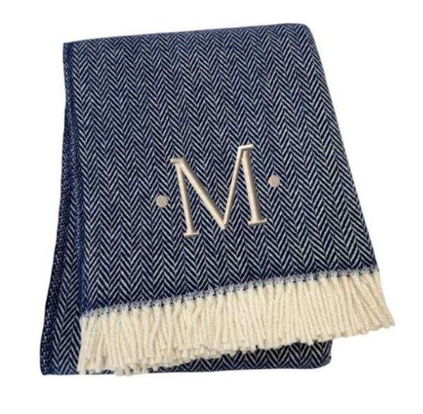 HomeRoots 55" Navy Blue White Herringbone Cotton Blend Throw Blanket with Personalized Embroidery & Tassels M 680219