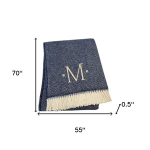 HomeRoots 55" Navy Blue White Herringbone Cotton Blend Throw Blanket with Personalized Embroidery & Tassels M 680219
