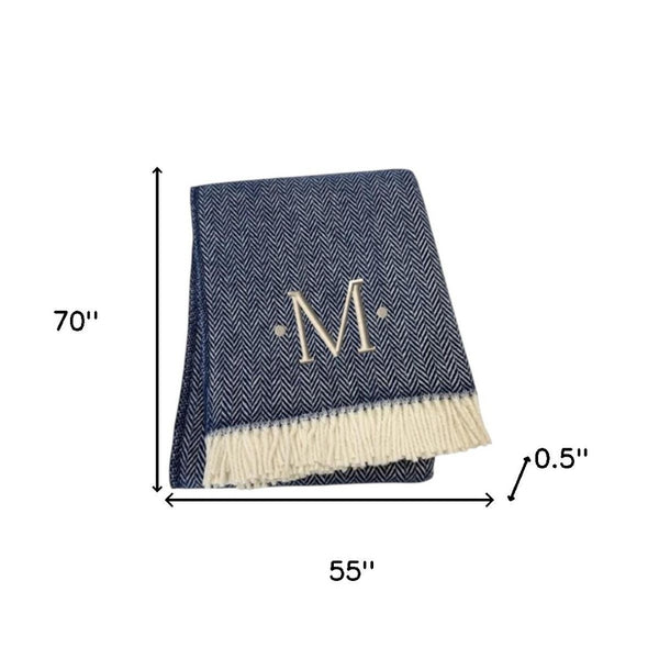 HomeRoots 55" Navy Blue White Herringbone Cotton Blend Throw Blanket with Personalized Embroidery & Tassels M 680219