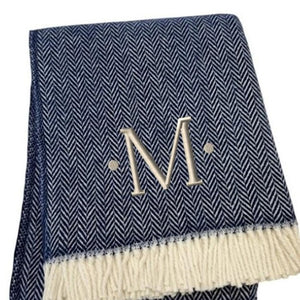 HomeRoots 55" Navy Blue White Herringbone Cotton Blend Throw Blanket with Personalized Embroidery & Tassels M 680219