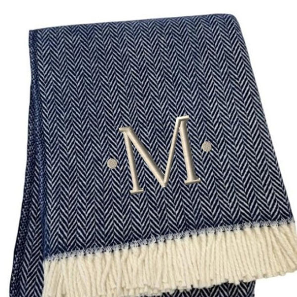 HomeRoots 55" Navy Blue White Herringbone Cotton Blend Throw Blanket with Personalized Embroidery & Tassels M 680219