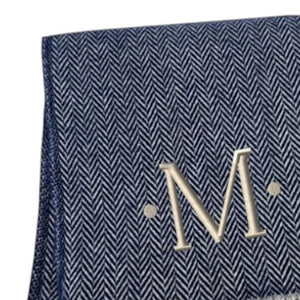 HomeRoots 55" Navy Blue White Herringbone Cotton Blend Throw Blanket with Personalized Embroidery & Tassels M 680219