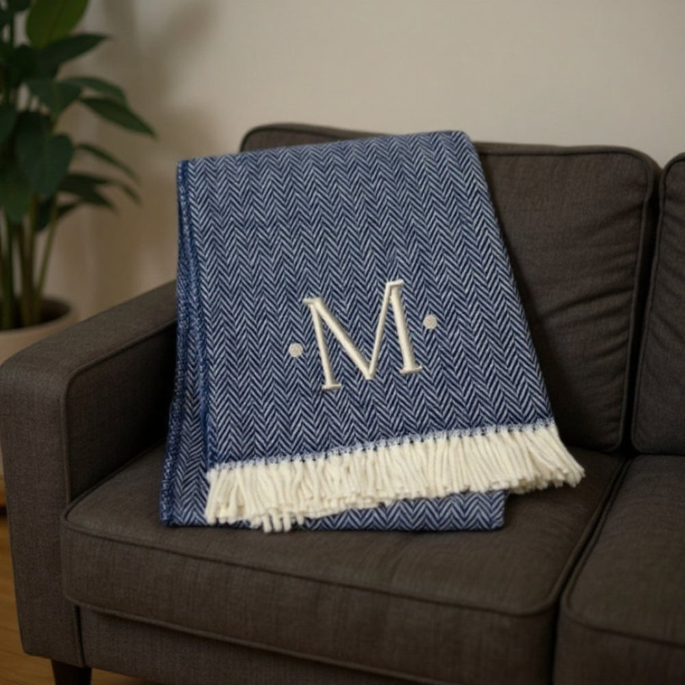 HomeRoots 55" Navy Blue White Herringbone Cotton Blend Throw Blanket with Personalized Embroidery & Tassels M 680219
