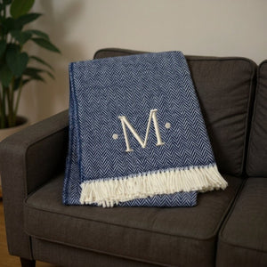HomeRoots 55" Navy Blue White Herringbone Cotton Blend Throw Blanket with Personalized Embroidery & Tassels M 680219