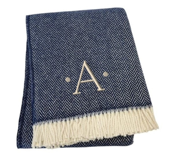 HomeRoots 55" Navy Blue White Herringbone Cotton Blend Throw Blanket with Personalized Embroidery & Tassels A 680220