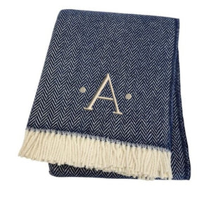 HomeRoots 55" Navy Blue White Herringbone Cotton Blend Throw Blanket with Personalized Embroidery & Tassels A 680220